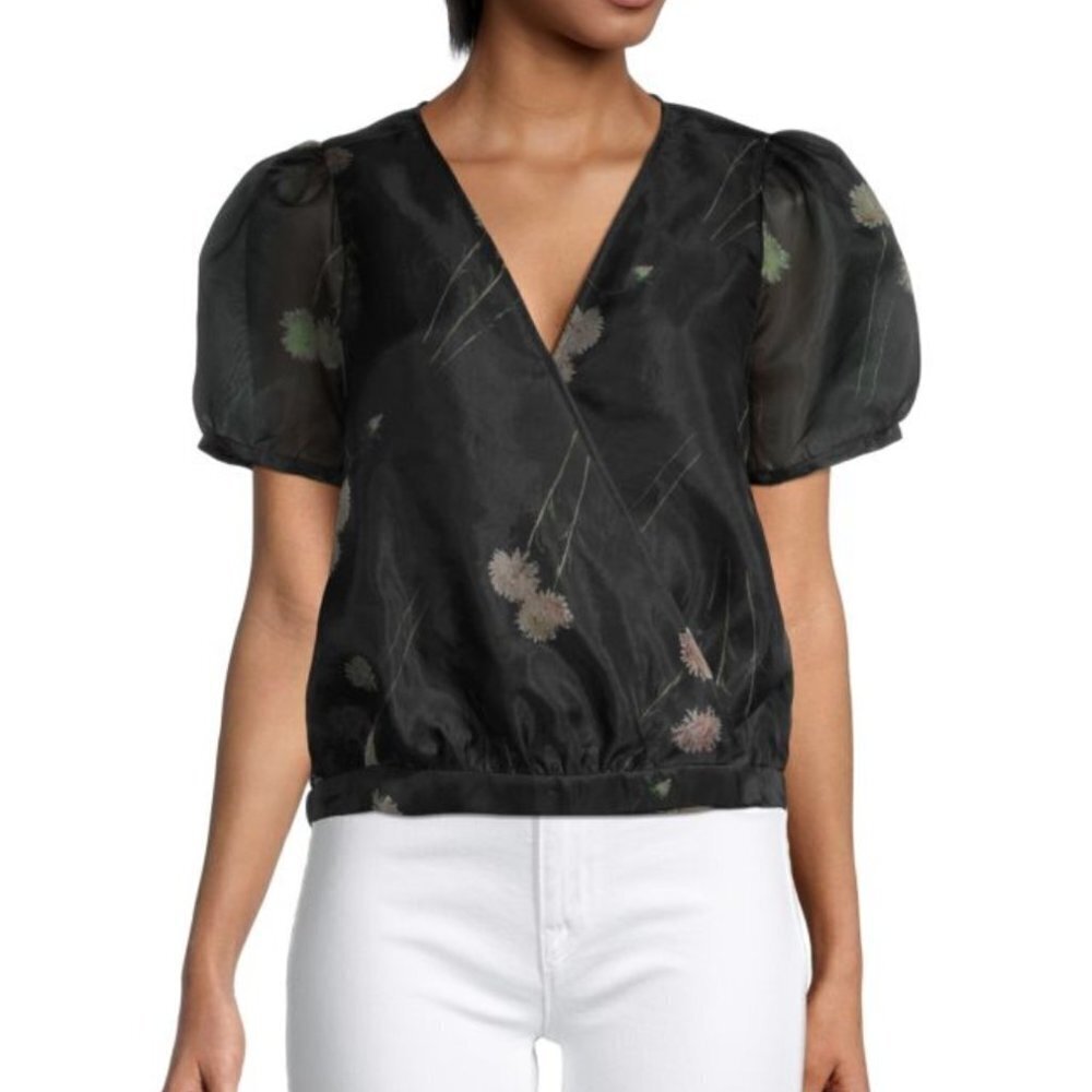 Madewell Sanna floral silk organza wrap top black sheer EUC women’s size S small